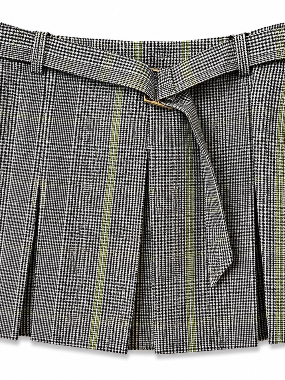 Plaid Pleated Skater Skirt with Belt - Black & Green